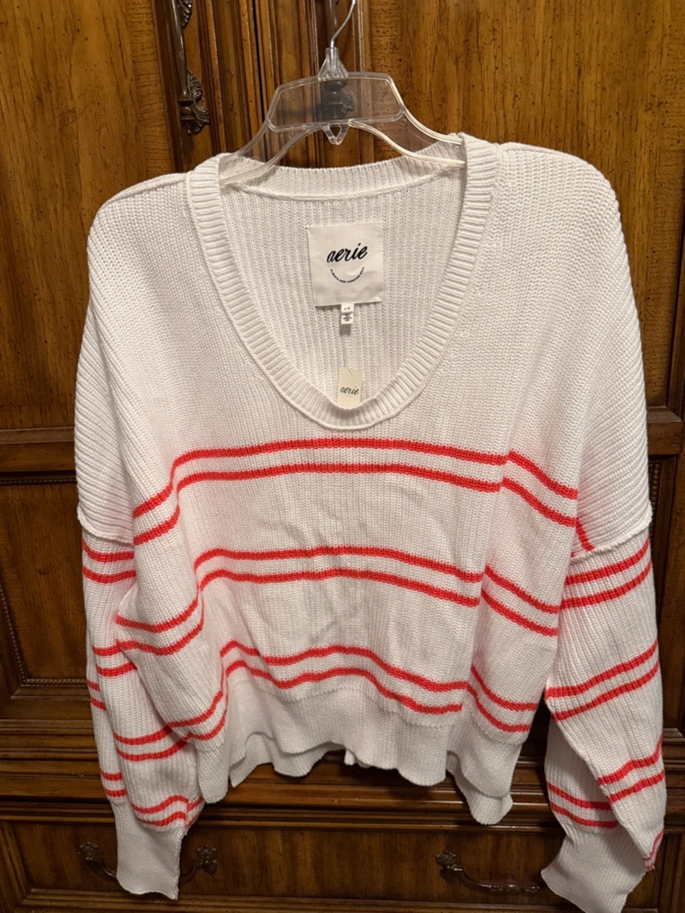 aerie White V-Neck Sweater with Coral Stripes